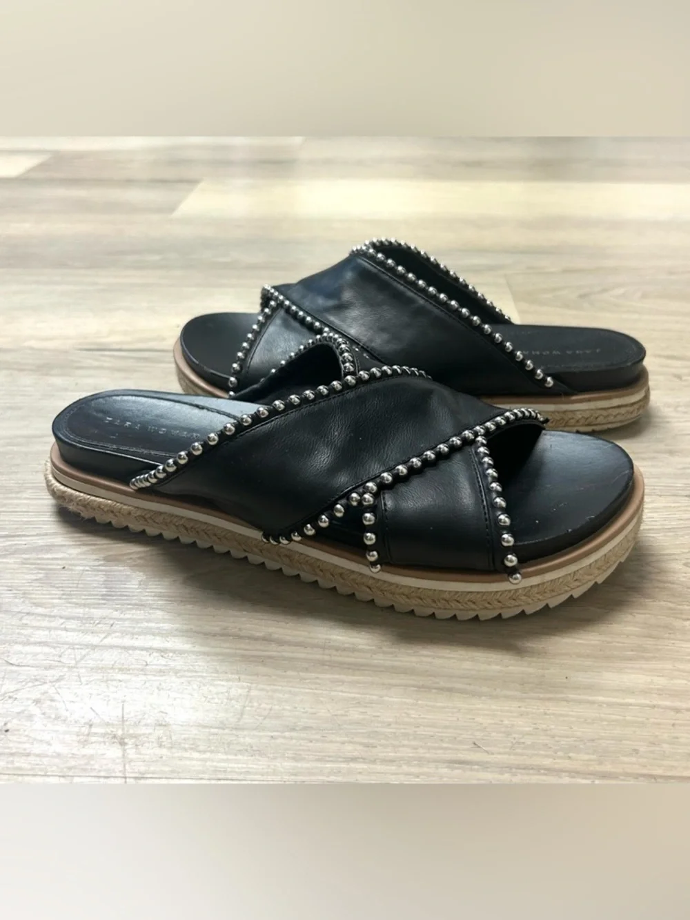Zara Sandals Black Silver Studded Cross Strap Slides Women 6.5 Open Toe Slip On - Picture 12 of 12